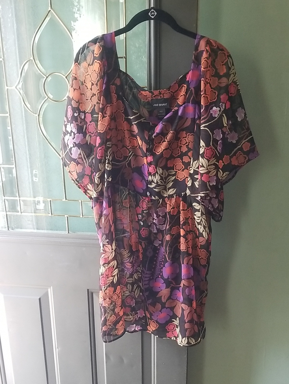 Lane Bryant Black Sheer Floral Top with Purple and Coral Accents